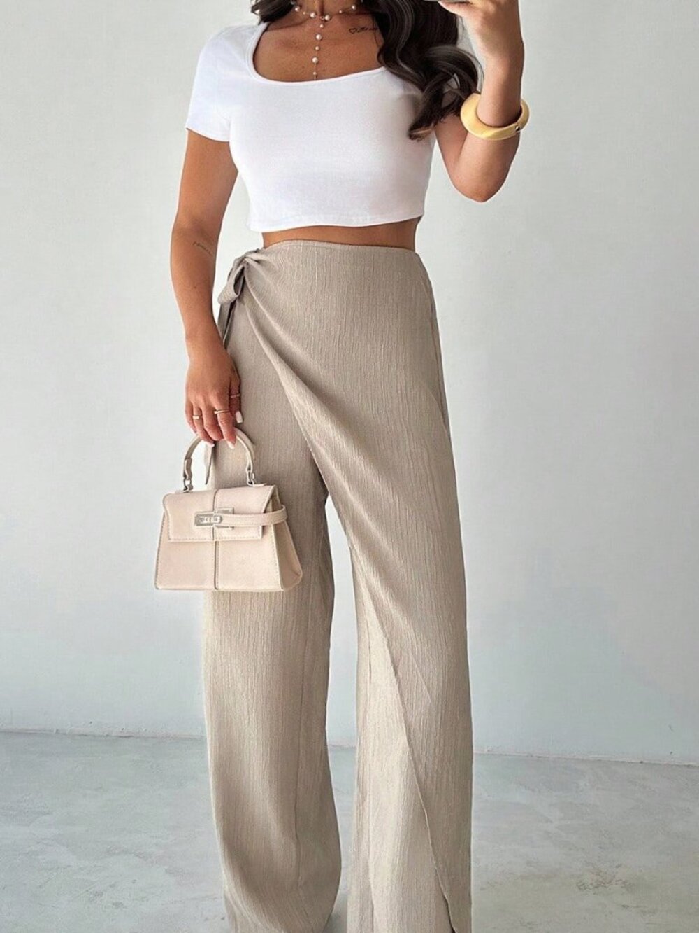 Green Casual Women's Elegant Loose Wide Leg Pants, , Color Trousers - Picture 6 of 10